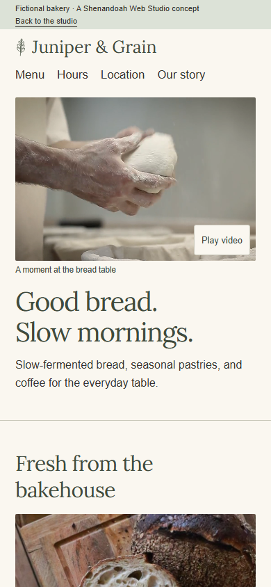 Current Juniper and Grain mobile website with navigation beneath the bakery name, a bread-making video, and the headline Good bread. Slow mornings.